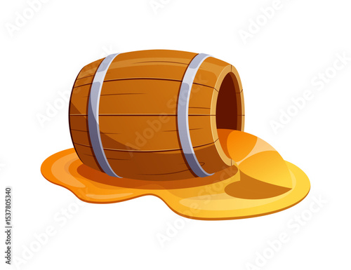 Wooden barrel spilling alcohol liquid vector isolated on white background.