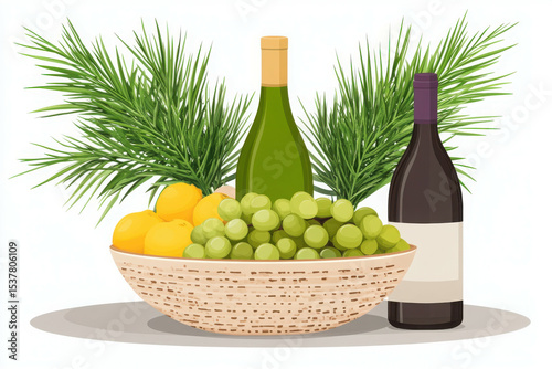 Wine and Fruit Feast: A bountiful still life showcases a basket overflowing with fresh grapes and citrus fruits, complemented by exquisite bottles of wine and vibrant greenery.