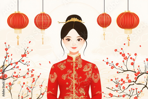A woman in a red cheongsam walks gracefully through blooming cherry blossoms, golden headpiece shimmering as red lanterns sway above, traditional festival atmosphere.