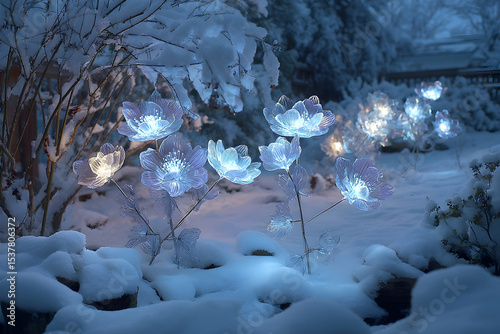 Illuminated flower sculptures in a snowy garden at night.
