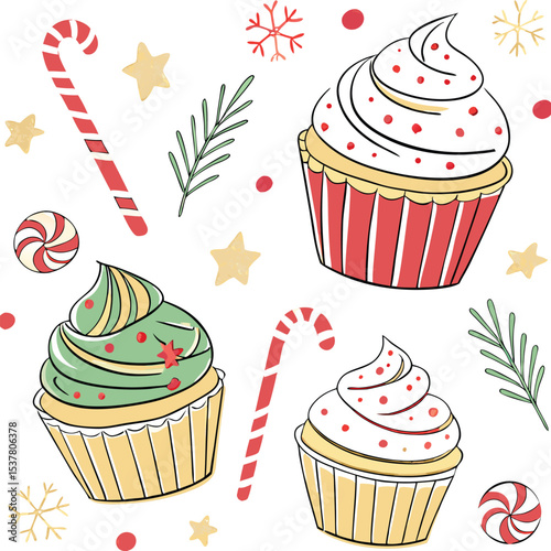 Sweet Christmas Cupcakes and Gingerbread Stars Illustration
