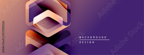 Abstract geometric layers create vibrant purple, orange gradient. Modern design element for backgrounds, banners, presentations.