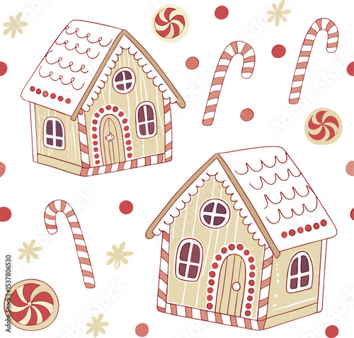 Seamless Pattern of Cute Holiday Gingerbread Houses and Candies