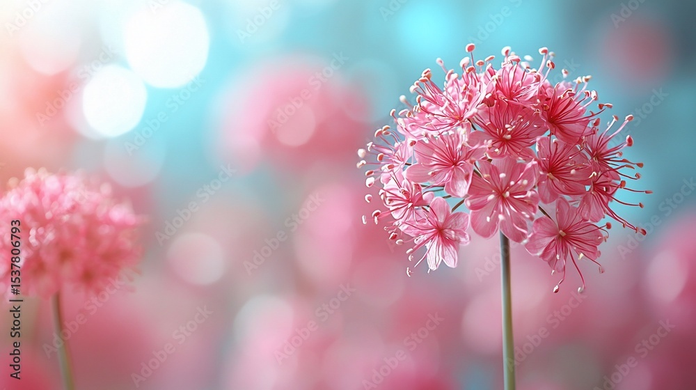 Fototapeta premium Delicate pink flowers in soft focus. A close-up view of clusters of light pink blossoms, set against a backdrop of out-of-focus, pastel colors, suggesting a spring or summer scene.