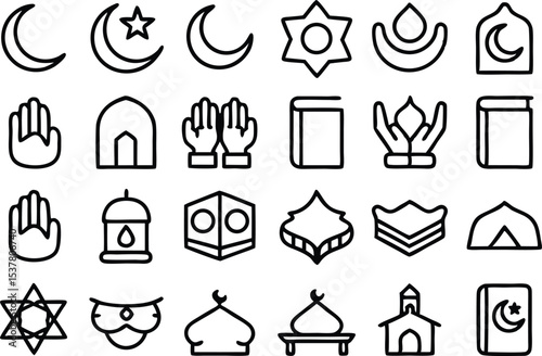 Islamic prayer icons set for ramadan observance isolated on transparent background