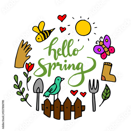 Spring doodle set. Cute set of spring cliparts, hand drawn sketch vector illustration