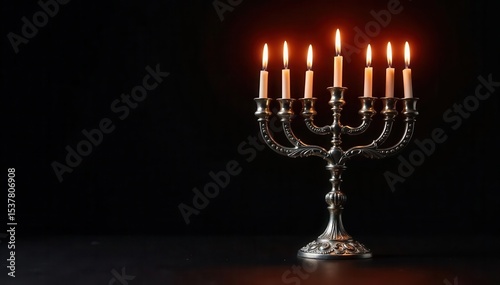 Ornate silver menorah, glowing flames, rich black background, tradition, sabbath, night