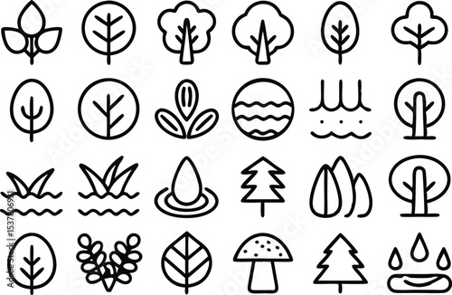 Outline nature solutions icon set featuring eco friendly symbols isolated on transparent background