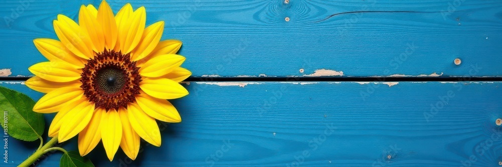 Fototapeta premium Single vibrant sunflower against weathered blue wood , bloom, vintage