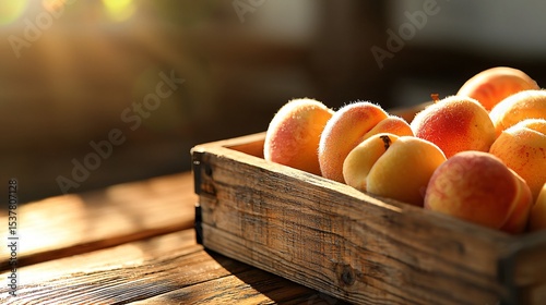 a dreamy close-up of fuzzy peaches in golden light, rustic wooden box base, fruit catching soft sunlight from the side, rich color gradient from yellow to red photo