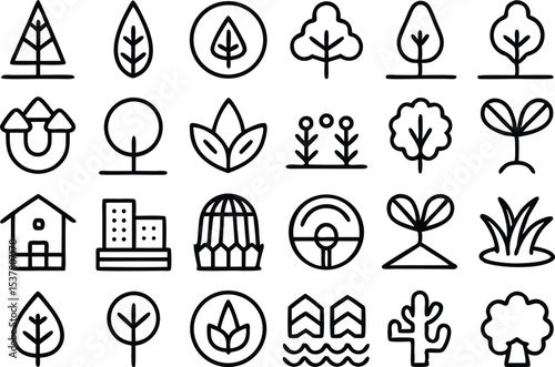Outline nature solutions icon set featuring eco friendly symbols isolated on transparent background