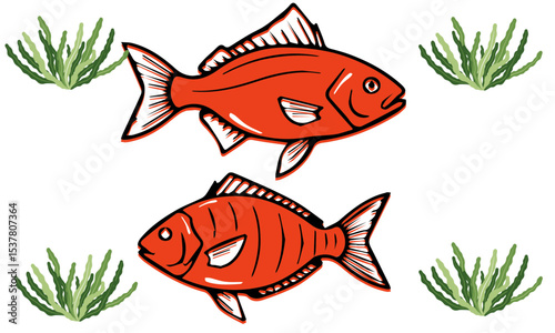 Two Red Fish with Green Seaweed, An illustration featuring two stylized red fish, one positioned above the other, with green clumps of seaweed or aquatic plants placed around them 