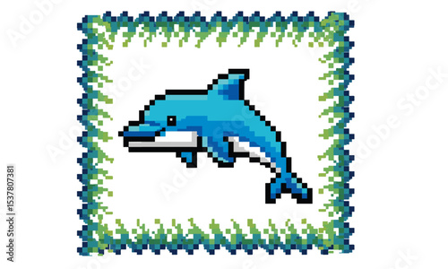 Playful Pixel Art Dolphin with Seaweed Border, A charming pixel art illustration of a cheerful blue and white dolphin, depicted mid-jump or swim, encapsulated within a decorative border made of green 