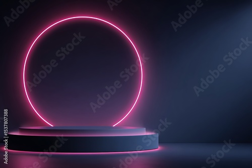 Abstract dark background with pink neon circle and product display platform