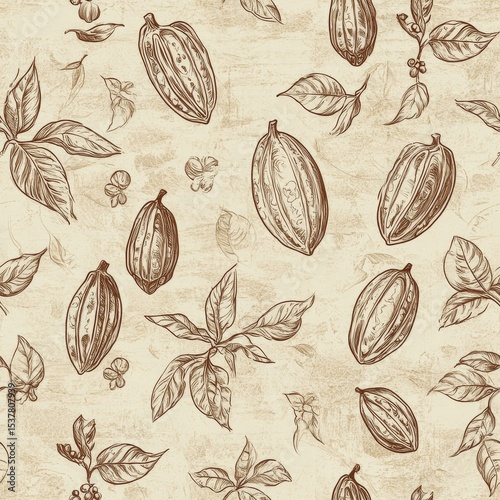 Rustic hand-sketched cocoa bean doodle pattern showcasing hundreds of uniquely drawn beans in various sizes and positions, interspersed with cocoa leaves, tiny flowers, and fine line illustrations of