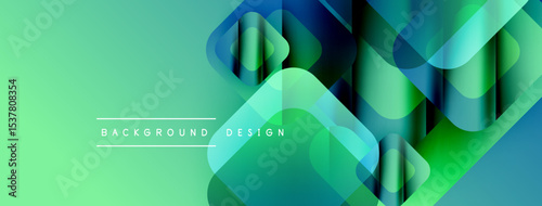 Abstract geometric shapes overlap, creating vibrant gradient effect. Green background complements blue elements. Modern design aesthetic.