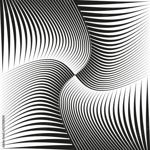 Wavy stripe illusion. Abstract bending lines. Vector optical depth. Dynamic curve pattern.