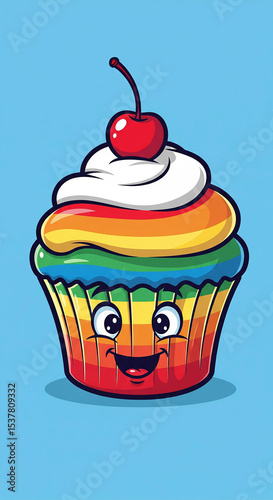 Funny cartoon cupcake with rainbow layers and cherry on top smiling