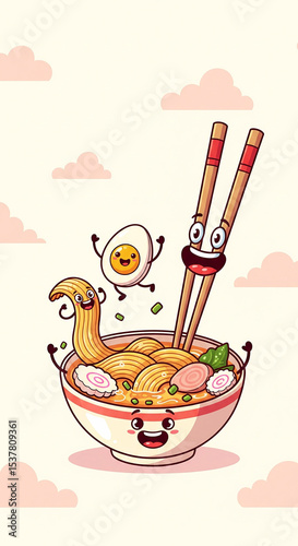 Cartoon bowl of ramen with smiling noodles and chopsticks on blue background