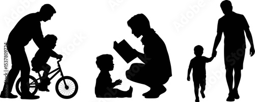 Silhouette of family activities fathers day parenting reading biking walking holding hands vector art 100 editable stock vector illustration