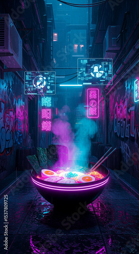 Glowing neon ramen bowl in futuristic city alley with moody lighting