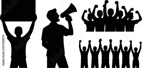 Protest rally vector silhouette illustration with crowd people holding signs and megaphone activist 100 editable stock vector illustration
