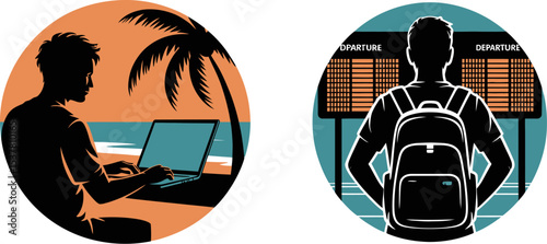 Digital nomad lifestyle remote work travel blogger beach office airport departure board vector graphic design editable stock vector illustration