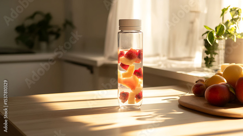 Infused water bottle mockup with fresh fruits and sunny kitchen vibe