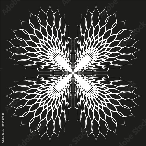 White floral pattern. Petal symmetry shape. Radial burst effect. Vector abstract form.