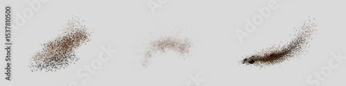 Flying coffee or chocolate powder, dust particles in motion, ground splash isolated on light background. Vector illustration.