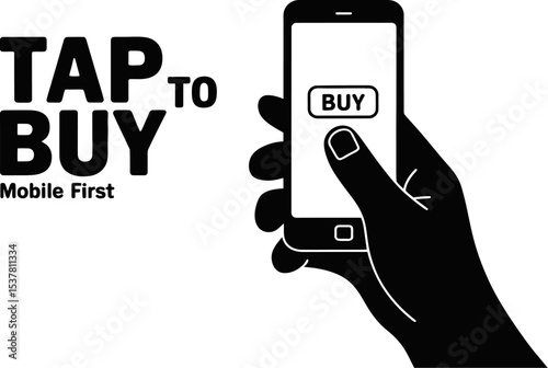 Tap to buy mobile first ecommerce online shopping app purchase hand holding smartphone yellow background editable stock vector illustration