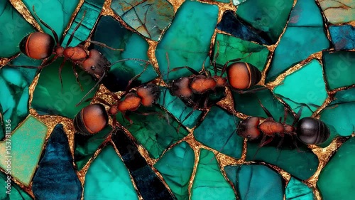 Jewel-Toned Ants on a Mosaic Background