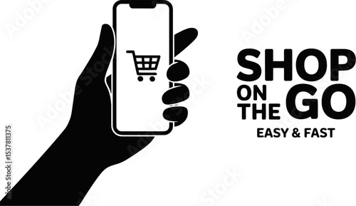 Mobile shopping app online store ecommerce shop on the go fast easy digital marketing promotion concept editable stock vector illustration
