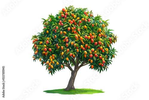 Realistic mango tree vector illustration Colorful illustration of a lush mango tree with ripe fruits and vibrant green leaves Vector illustration of fruit trees with mango and oranges in a garden