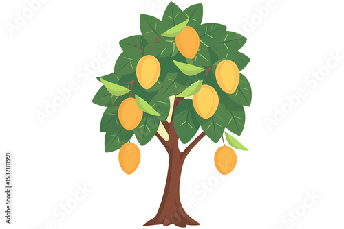Realistic mango tree vector illustration Colorful illustration of a lush mango tree with ripe fruits and vibrant green leaves Vector illustration of fruit trees with mango and oranges in a garden
