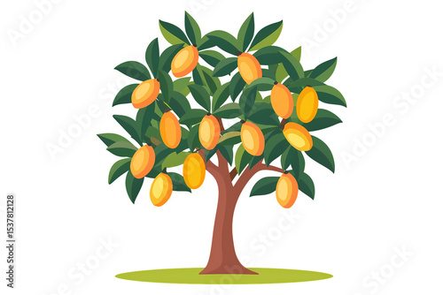 Realistic mango tree vector illustration Colorful illustration of a lush mango tree with ripe fruits and vibrant green leaves Vector illustration of fruit trees with mango and oranges in a garden