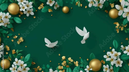 Elegant Green and Gold Floral Frame with White Doves - Spring or Easter Design