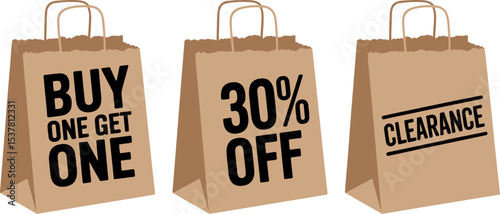 Shopping sale promotion buy one get one percent off clearance discount retail offer special deal bags editable stock vector illustration