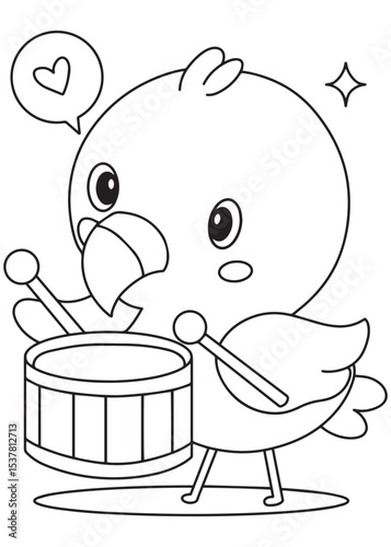 Coloring book flamingo happily playing a drum with drumsticks