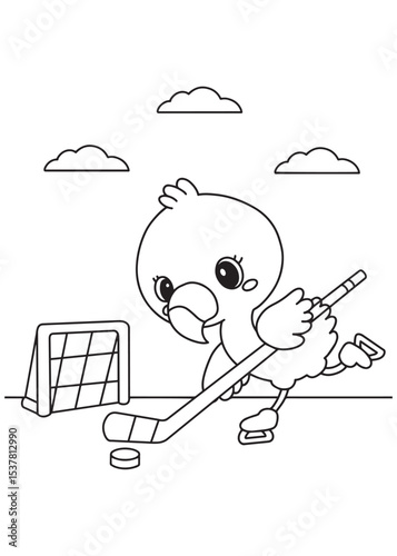 Coloring book flamingo on ice skates, happily playing ice hockey with a stick and puck