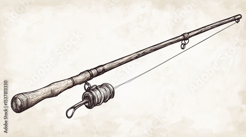 Vintage fishing rod with wooden handle and reel