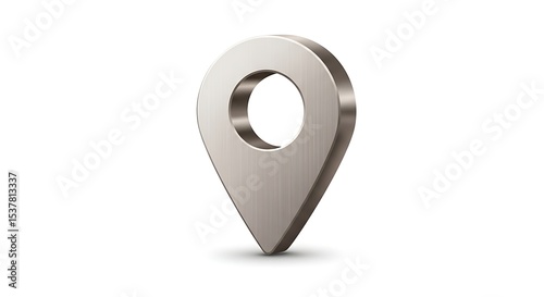A metallic location pin icon with a circular hole, casting a small shadow on a white background.