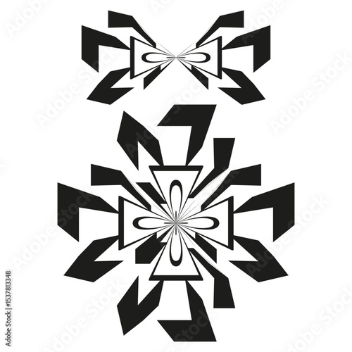 Black floral cross. Abstract vector flower. Petal symmetry icon. Geometric decorative design.