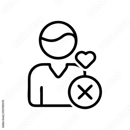 Unfollow icon featuring a user figure with a heart and cross symbol in modern minimalistic design