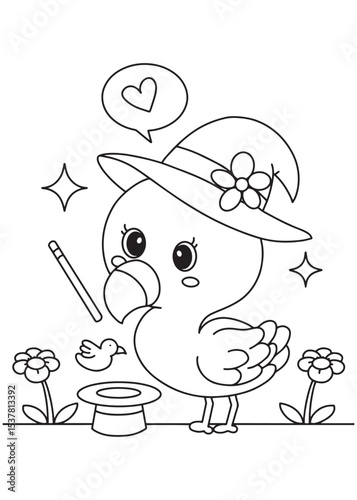 Coloring book kawaii flamingo wearing a wizard's hat, casting a spell with a magic wand