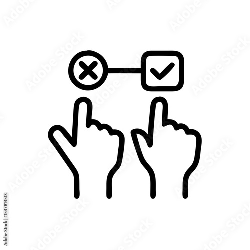 Poll icon with hands making choices and checkmark for feedback collection concept