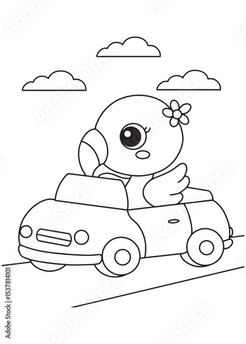 Coloring book flamingo with a flower on its head, happily driving a cute car