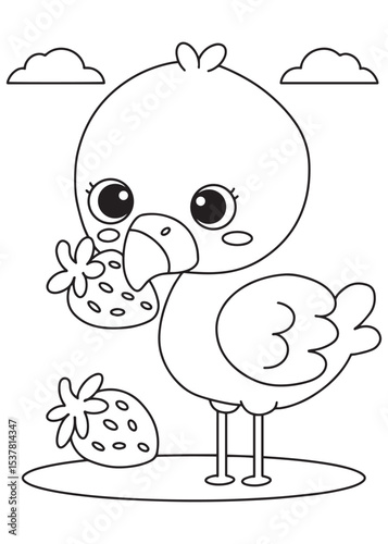 Coloring book  flamingo happily holding a sweet strawberry in its beak, 