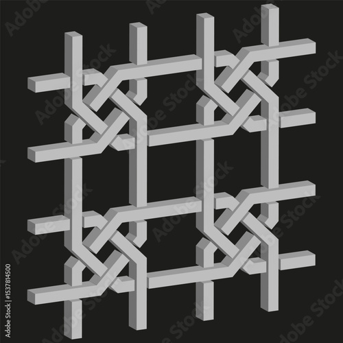 3D knot pattern. Interwoven soft shapes. Monochrome structure icon. Vector depth design.