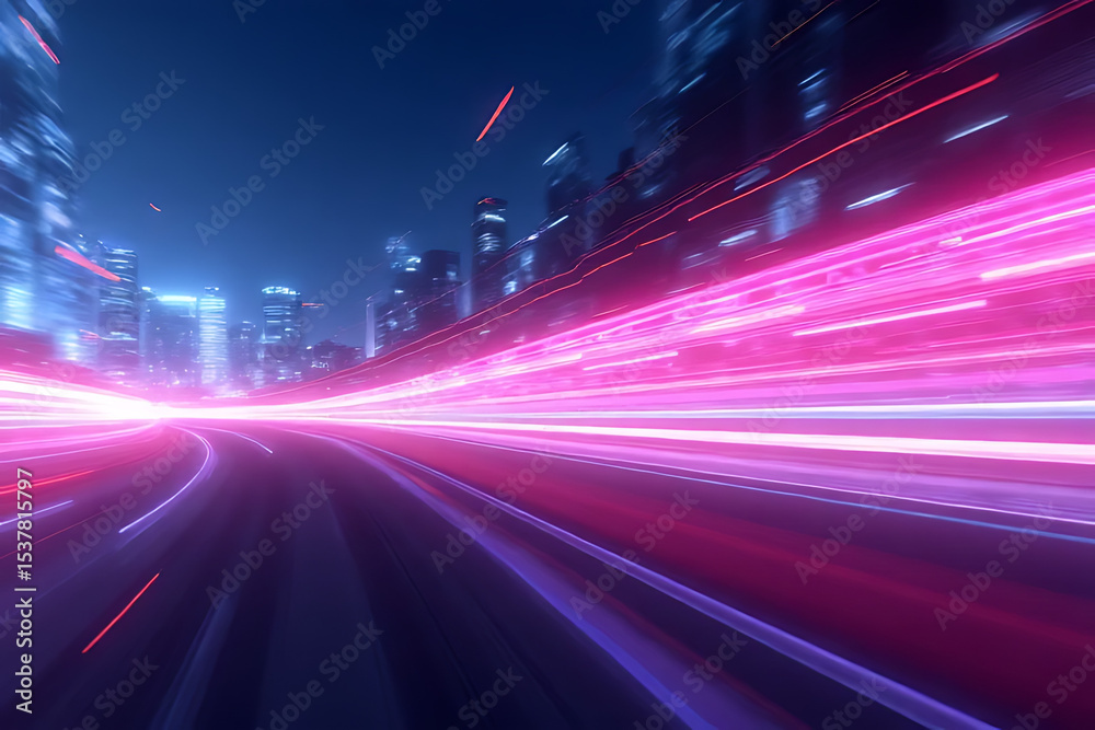 Obraz premium light trails on the road Cosmic Neon Tunnel in Motion Radiating Pink and Blue Light Beams Simulate Speed Travel, Great for Tech Themes, Intros, or Visual Effects